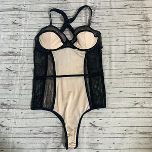 Coquette Womens Bodysuit Teddy Lingerie Black Beige Size Medium M Mesh Underwire